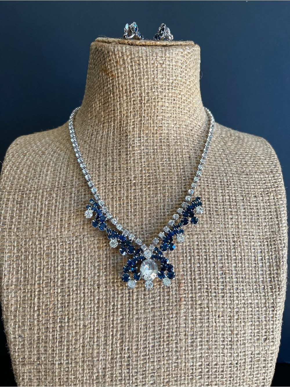Vintage sapphire Blue and Clear Crystal Necklace and clip on earrings set